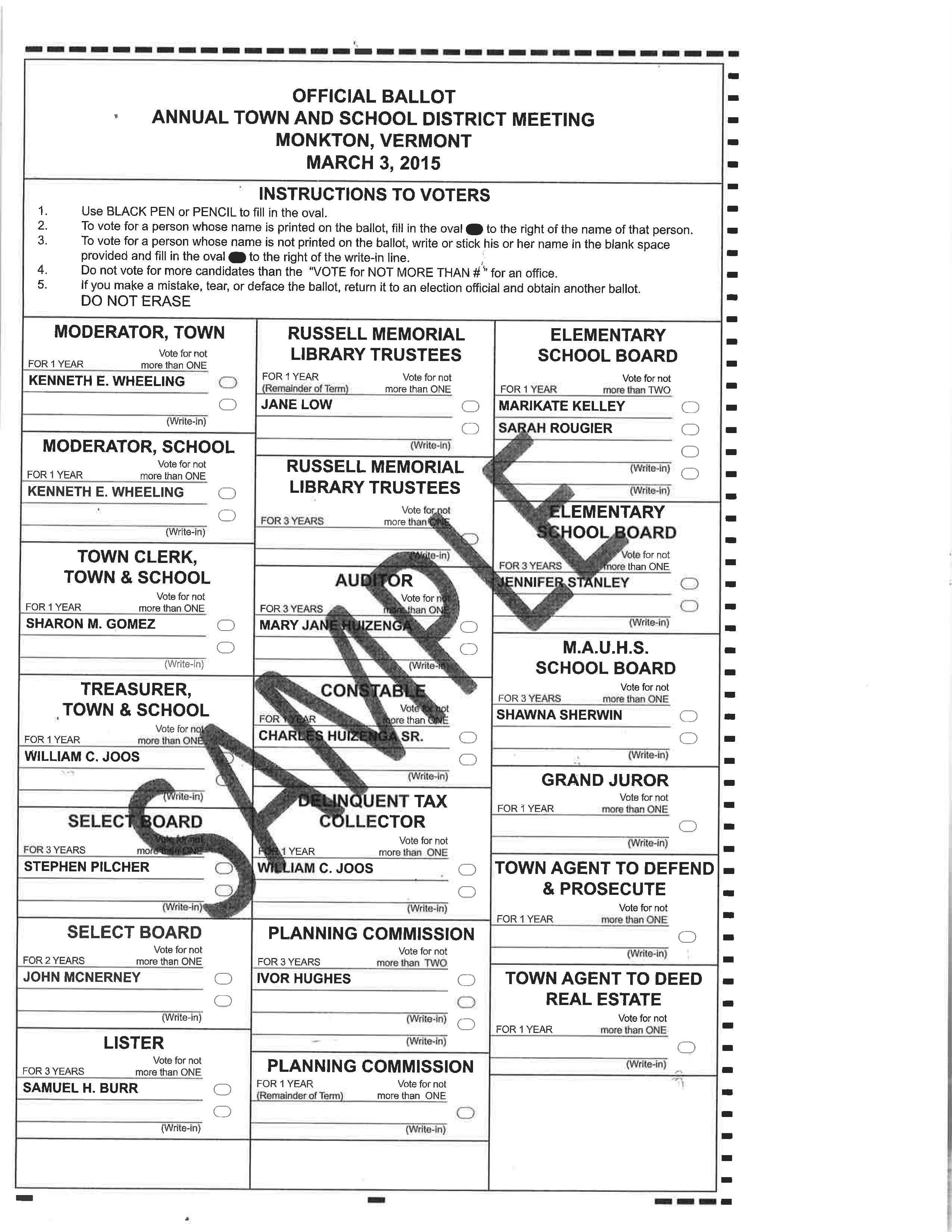 Sample Ballots for Town Meeting Day March 3, 2015 Monkton Vermont